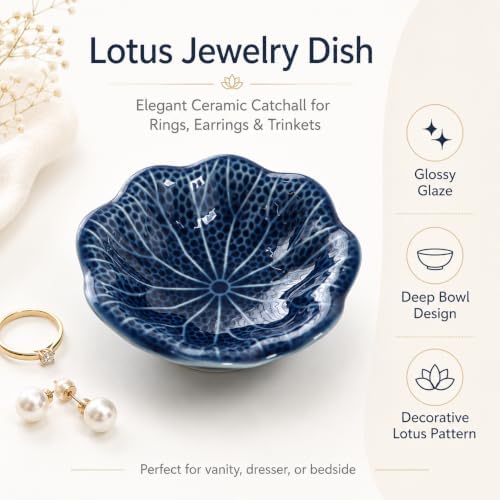 Dark Blue Lotus Ceramic Jewelry Dish Tray, Aesthetic Flower Shaped Trinket Tray for Rings Earrings Necklace, Minimalist Vanity Organizer Plate, Elegant Nightstand Bathroom Desk Decor Gift for Women - Image 2