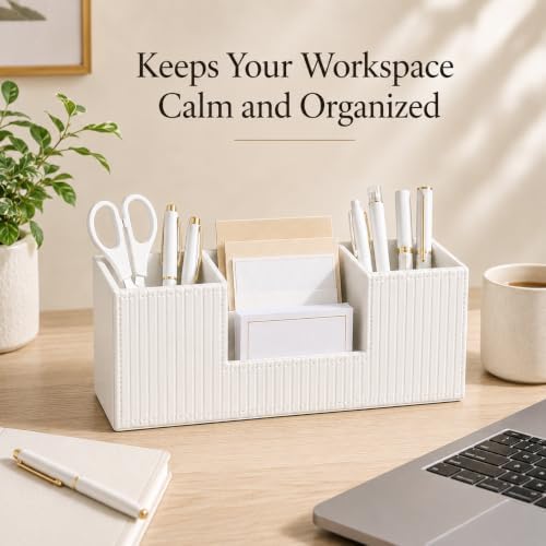 GORESE Pen Organizer for Desk, PU Leather Office Pen Holder, Ivory White - Image 2