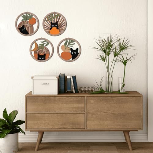 HPNIUB Boho Black Cat Wall Decor, Farmhouse Geometric Hanging Wooden Wall Art, 4 Pieces 10''x10'' Mid Century Bohemian Abstract Moon and Sun Wood Sign for Nursery Bedroom Decoration, Lovely Cat Gifts - Image 2