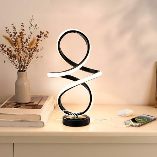 Modern Small Table Lamp with LED Spiral Design, 12W Black Nightstand Lamp by Mayful
