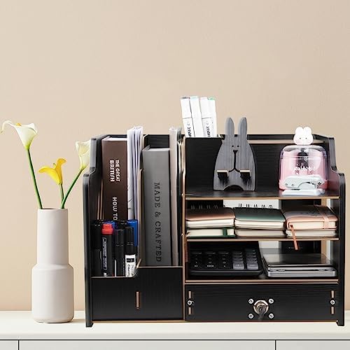 Bamboo Desk Organizer, Desktop Wood Bookshelf File Organizer, Pen Holder and Tissue Holder, 1 Drawer with lock for Office, Home, Need to Install (Light black) - Image 3