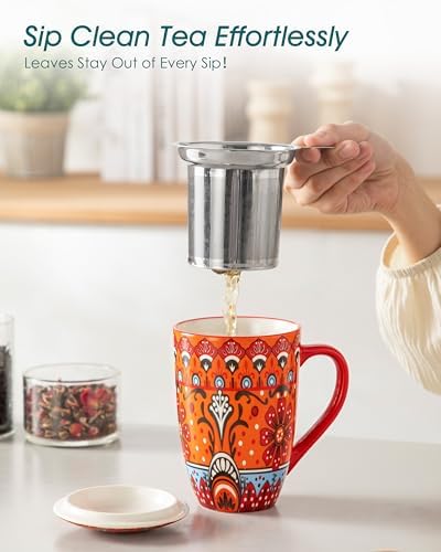 vancasso 18 Oz Tea Infuser Mug with Lid, Crimson Sunburst - Image 5