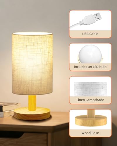 Small Touch Table Lamp for Bedroom, Portable LED Desk Lamps, 3 Color Stepless Dimming Up, Wood Base Round Flaxen Fabric Shade for Kids Room, Living Room, College Dorm, Home, Office - Image 3