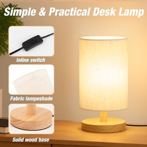 Desk Lamp LED Bulb Included, Small Bedside Table Lamp Plug-in - Classic Wood Base with Flaxen Fabric Shade, Lamps for Night Stands, Simple Nightstand Light for Bedroom, Office, Desk - Image 3