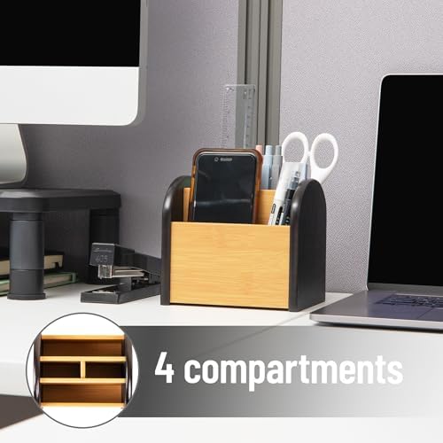 Mind Reader Desktop Organizer with 3 Compartments, Natural Wood and Matte Finish Sides, Compact Desk Storage, Wood, Black - Image 4