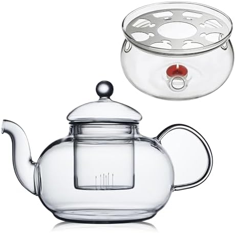 CnGlass 33.8oz Glass Teapot with Removable Infuser,Stovetop Safe Tea Kettle with Glass Tea Warmer 5.3 in/13.5cm Diameter by CNGLASS