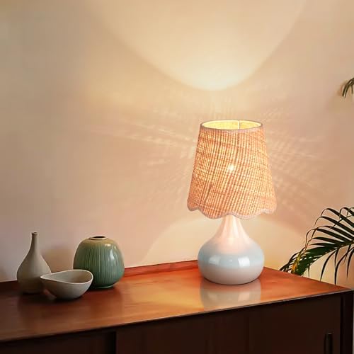 Light Blue Boho Small Table Lamp for Small Spaces, Small Rattan Shade Bedside Lamp for Bedroom, Cute Nightstand Light for Bedside, Kitchen Counter, Bookshelf Lamp, Home Office, Living Room, Dorm - Image 4