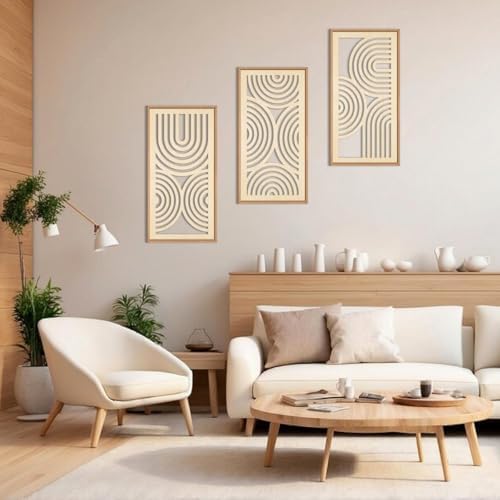 IARTTOP Boho Wooden Framed Wall Art Set of 3 Mid-Century Modern Wood Wall Decor Minimalist Natural Bohemian Home Decor for Living Room Dining Room Office - Image 3