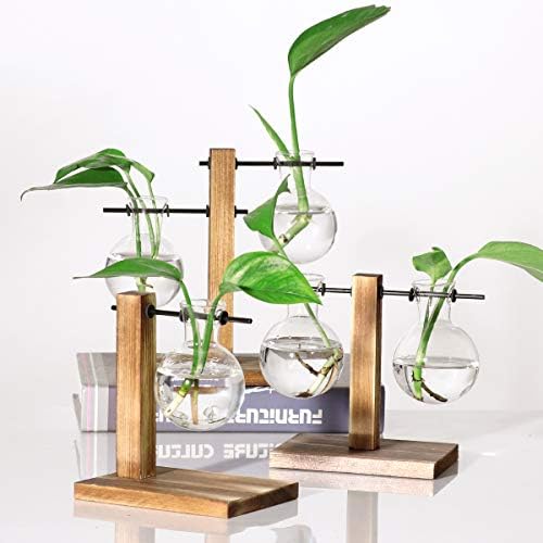 Kingbuy Glass Planter Bulb Vase Desktop Plant Terrarium with Retro Solid Wooden Stand for Propagation Hydroponics Water Plants Home Garden Office Decor - Image 4