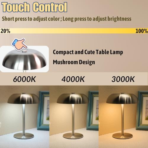 2 Pack Cordless Mushroom Table Lamp, Rechargeable, Dimmable 3 Color, Silver - Image 6
