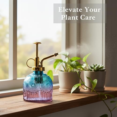 Vintage Embossed Glass Spray Bottle with Metal Pump, 10.6 oz Refillable Mister for Indoor Plants & Home Decor - Image 2