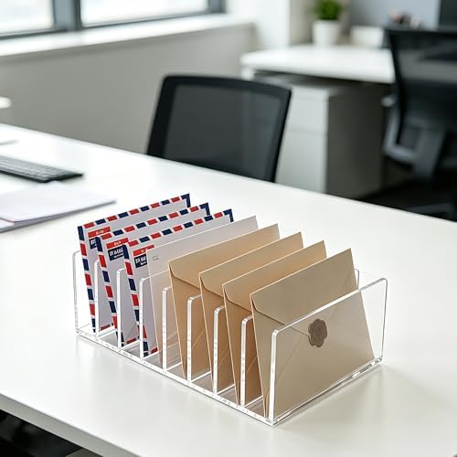 8 Compartments Clear Acrylic Mail Holder – Vertical Letter Sorter & Multifunction Desk Organizer for Bills, Documents, Notebooks – Modern Office/Home Envelope File Rack - Image 3