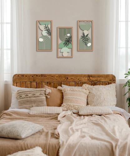Putuo Decor Boho Wall Art Set of 3, Green Botanical Wooden Wall Decor, Abstract Aesthetic Room Decorations, Mid-Century Modern Artwork for Living Room, Bedroom, Office Green 16.5 x 8.6 inch - Image 5