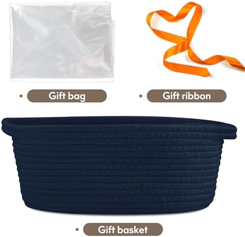 Pro Goleem Small Woven Basket with Gift Bags and Ribbons Durable Baskets for Gifts Empty Small Rope Basket for Storage 12"X 8" X 5" Baby Toy Baskets with Handles, Navy Blue - Image 4