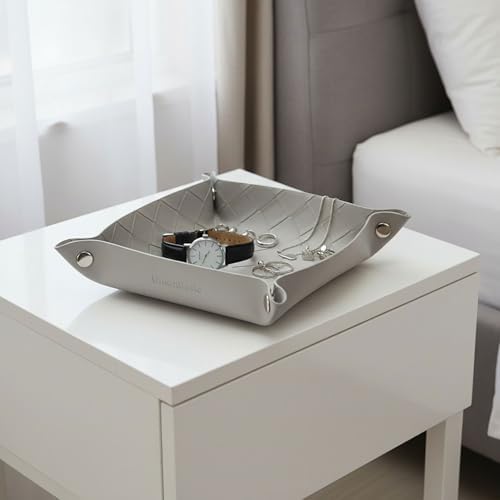 UnionBasic Small Valet Tray, Jewelry Tray for Rings Watches Earrings, Entryway Catchall Caddy for Coins Keys Change, Nightstand Bedside Valet Holder, Trays for Electronic Gadgets, Woven Light Gray - Image 7
