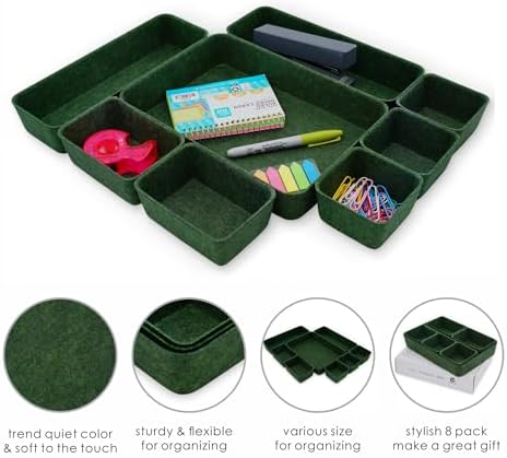 Welaxy Desk drawer organizer bins shallow trays felt storage desktop box for jewelry watches office supplies makeup small key holder minimalism 8-piece (Forest Green) - Image 5