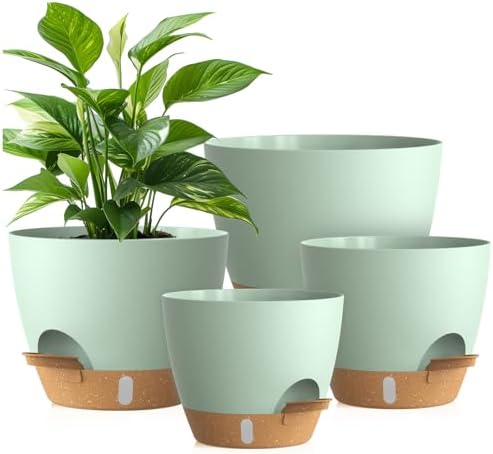 Plant Pots, 4 Pack 12/10/9/8 Inch Self Watering Pots with Drainage Holes, Water Level Indicator Deep Reservoir, Large Planters for Indoor Outdoor Plants - Green Brown by KUGAZ