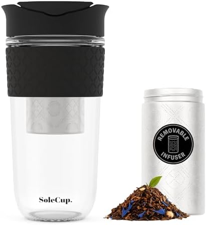 Large Travel Mug Loose Tea Infuser - Detachable Tea Strainer with Spill Proof Lid - 18oz/530ml BPA-Free Reusable Glass Travel Coffee Cup with Silicone Band (Black, 18oz) by SoleCup
