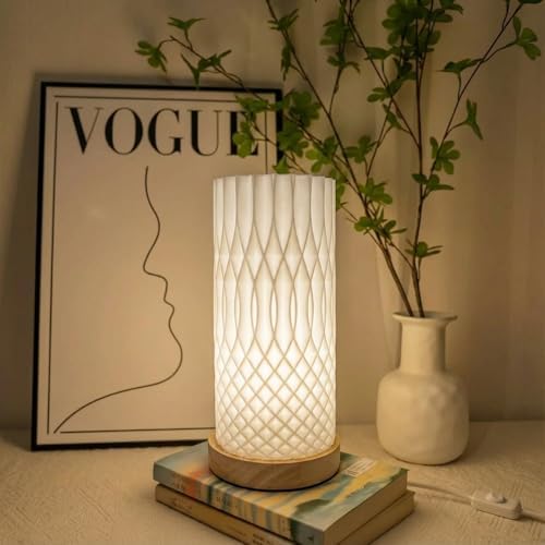 Small Bedside Lamp for Nightstand, 3D Printed Mini Table Lamp, 3 Color Temperatures Warm to Cool White, Cozy Small Lamp for Bedroom Dorm Tight Spaces, Ash Wood Base, 8.8 Inch Tall - Helix by DKCONONY