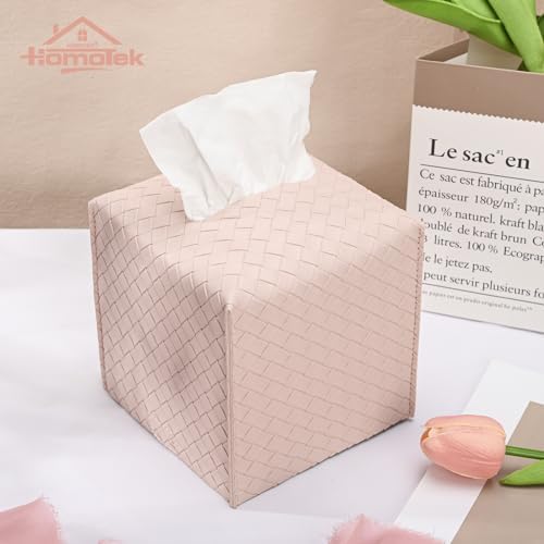 HOMOTEK 1 Pack Tissue Box Cover, Square PU Leather Tissue Holder, Decorative Facial Tissue Cube Paper Organizer Dispenser for Bathroom, Night Stands, Desk, Car 5X5X5'' - Woven Waffle,Macaron Pink - Image 4