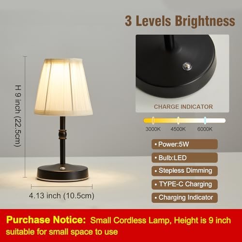 LED Cordless Mini Lamp 5W,3000 mah Battery Operated Lamps,3 Color Temperature Dimmable Table Light,Small Rechargeable Lamp,Kitchen Lamps countertop,Restaurant (Black,2pack) - Image 5
