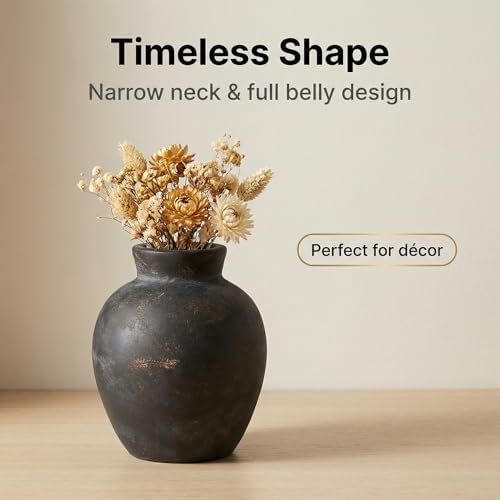 Rustic Terracotta Pot, Bronze Ceramic Flower Vase 6.1 Inch, Farmhouse Boho Centerpiece for Home Decor, Living Room, Table, Shelf, Mantel & Bathroom - Image 3
