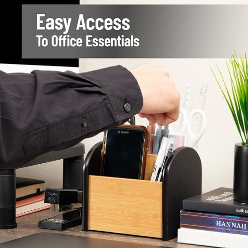 Mind Reader Desktop Organizer with 3 Compartments, Natural Wood and Matte Finish Sides, Compact Desk Storage, Wood, Black - Image 6