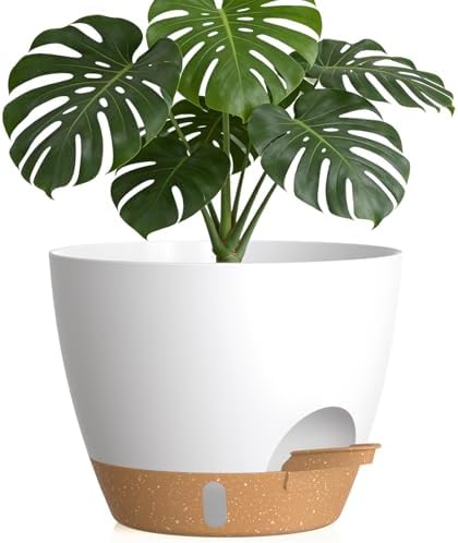 Plant Pots, 1 Pack 12 Inch Self Watering Pots with Drainage Holes, Water Level Indicator Deep Reservoir, Large Planters for Indoor Outdoor Plants - White Brown by KUGAZ