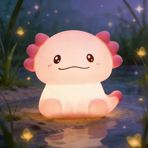 Axolotl LED Night Light, Silicone Touch Lamp for Bedroom with 7 Colors Timer and Dimmable 3-Level Squishy Warm Cute Night Lights, Rechargeable Animal Lamp for Bedroom Decor Birthday Gift by Gemmac