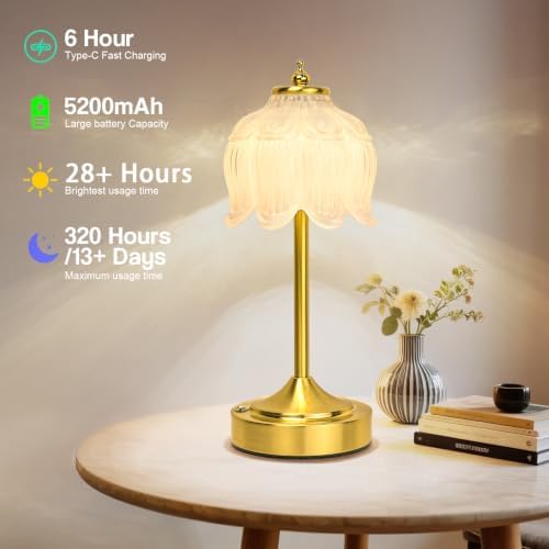 Cordless Table Lamp, Rechargeable White Glass Lotus Flower Lamp - Image 4