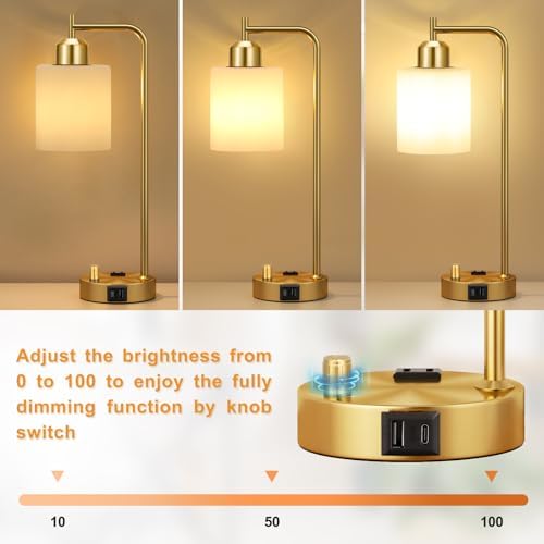Innqoo Gold Lamp for Bedroom - Industrial Bedside Table Lamp with USB Port and Outlet, Fully Dimmable Nightstand Lamp with Opal Glass Shade, Small Desk Lamps for Home Office - Image 2