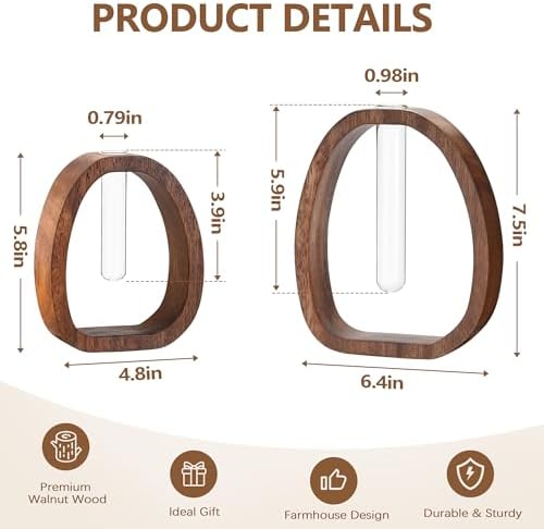 Houmury Walnut Wood Propagation Station Set of 2 Hydroponic Glass Test Tube Vases 7.5” & 5.8” for Plants Cuttings Modern Farmhouse Table Centerpieces for Home Office Desk Decor - Image 5