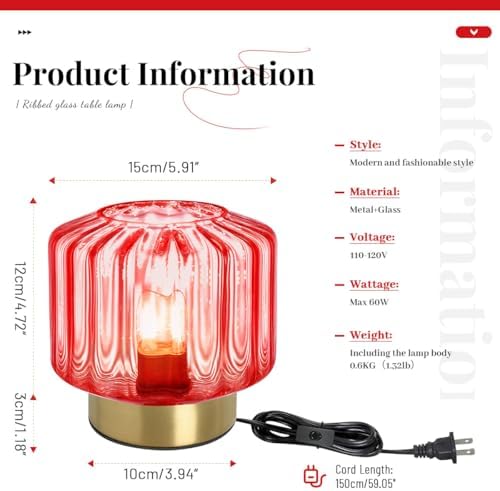 Red Glass Table Light Touch Table lamp Mid Century Modern Table lamp Gold Desk lamp nightstand lamp Vintage Table Lamps Small Table Lamp for Bedside end Table Bedroom Living Room Office - Image 3