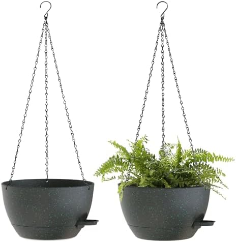 10 Inch Hanging Baskets 2 PC with Chains, Self-Watering Hanging Planters for Indoor Outdoor Plants, Plastic Hanging Flower Pots,Black with Green Speckles by SQKH