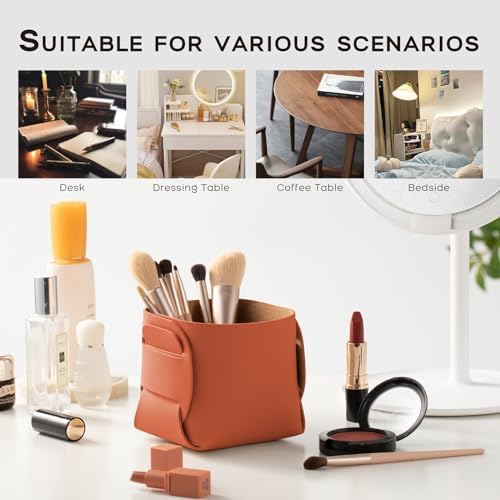 HOMIEAZICOZI 2-Pack Cork Leather Desk Accessories Storage - Pencil Pen Holder - Makeup Brush Holder Organizer - Stylish Addition to Home Decor (Orange) - Image 5
