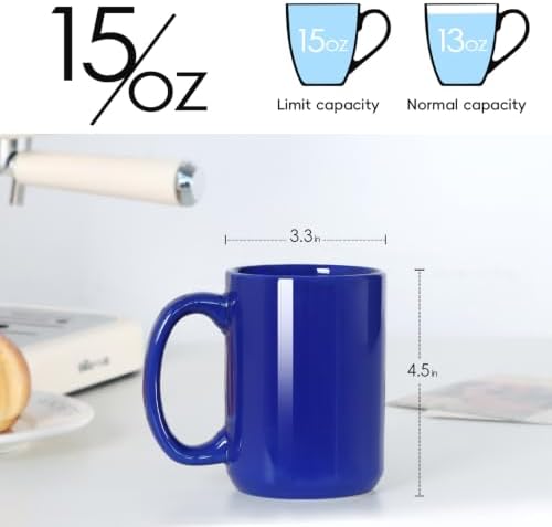 15 OZ Coffee Mug, Classic Blank Ceramic Cup with Large Handle for Tea Latte Cappuccino, Blue - Image 2