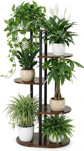 Tiered Plant Stand Indoor, Tall 5 Tier 6 Potted Wooden Plant Shelf for Multiple Flower Plants, Multi Corner Metal Plant Holder Indoor for Patio Garden Patent Design Living Room Balcony Bedroom, Rustic Brown by Unknown