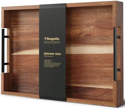 Fibogollo Acacia Wood Serving Tray with Metal Handles,17x12in Ottoman Decorative Trays Platter for Coffee Table,Living Room,Bar,Party(Large) by Fibogollo