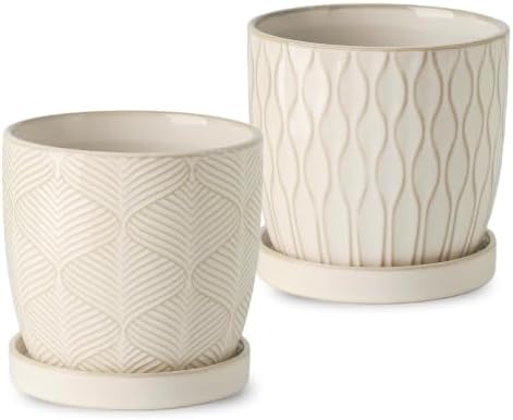 Nihow Ceramic Plant Pots - 4.75 Inch Planters for Indoor Plants,Embossed Flower Pots with Drainage Hole & Saucer,Small Pots for Succulent,Cactus,Little Snake,Set of 2,White -2 by Nihow