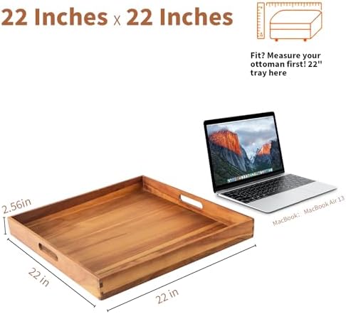 Serving Tray with Handles, 22 inch Large Square Ottoman Tray Coffee Table Tray, Wooden Trays Decorative Trays for Party, Food Serving, Breakfast, Dinner, Coffee Tea, Appetizers - Image 4
