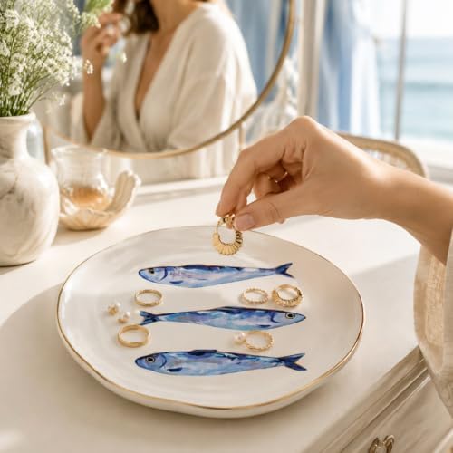 Whaline Sardines Ceramic Jewelry Tray with Gold Rim Small Decorative Trinket Dish Ocean Fish Key Tray for Rings Earrings Necklaces Bracelets Watch Keys Women Bathroom Dresser Table Countertop - Image 6