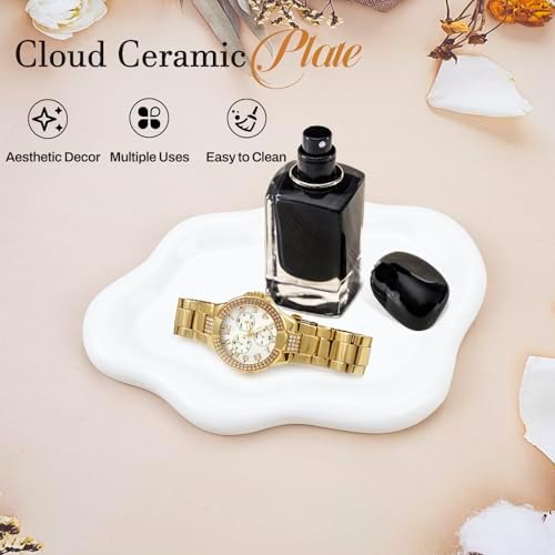 Jewelry Dish Tray for Women, Small Ceramic Trinket Plate for Perfume Ring Earring Necklace, Key Holder Cute Aesthetic Cloud Room Decor Christmas Valentines Gifts (White) - Image 4