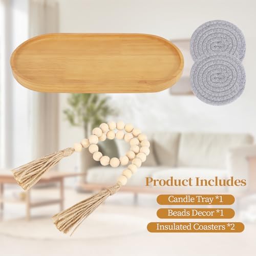 Wooden Candle Tray Holder 14 * 7 * 0.8 Inch Elliptical Decorative Serving Trays for Coffee Table Centerpiece Home Decor Wood Table Tray for Kitchen Counter with Beads Decor and 2 Coasters - Image 3