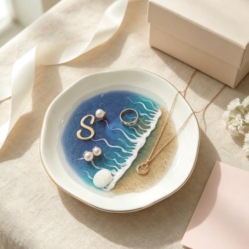 Handmade Ocean Resin Art Jewelry Tray – Premium Ceramic Ring Dish with Gold Edge, Artisan Beach Wave Jewelry Holder, Unique Decorative Trinket Tray for Vanity (S) by Unknown