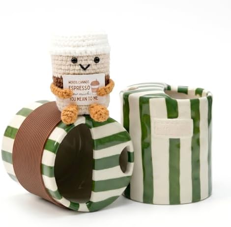 Coffee Lover Gift Set for Women Men, Ceramic Mug Crochet Coffee Cup by KOIMYSA