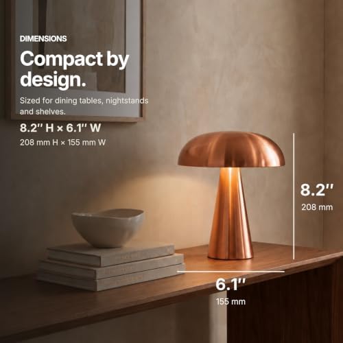 Lucerne Cordless Small 8.2 Inch Designer Table Lamp, Rechargeable Bedside Lamp, Touch Control 3 Brightness Levels, Warm White, Portable Mushroom Lamp for Dining and Shelf, Copper - Image 3