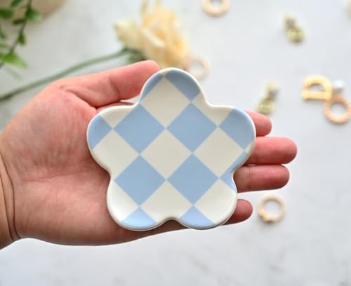 Blue Checkered Jewelry Dish, Cute Ceramic Flower Trinket Tray for Rings & Earrings, Trendy Teen Girls Birthday Gifts, Aesthetic Room Decor for Nightstand Vanity Bathroom Sink & Dorm Desk, 3.8" - Image 3