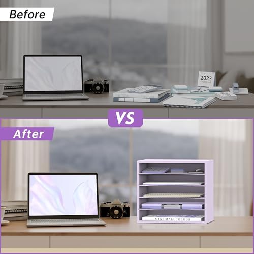 5 Tier Wood Desk Organizer, Paper Organizer for Desk, Purple - Image 6