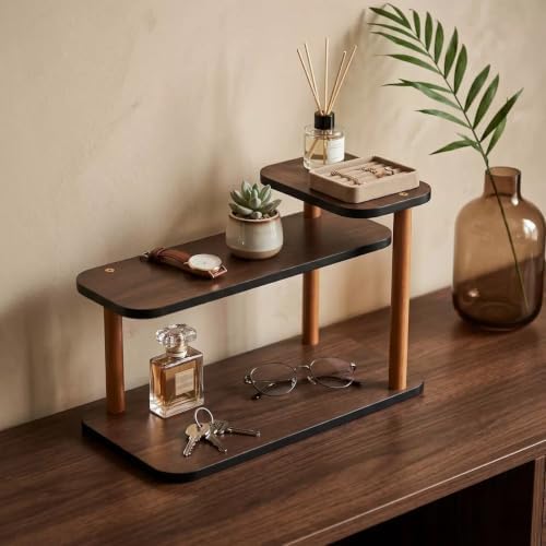 HealthEmpire 3-Tier Cosmetic Organizer Shelf for Countertop – Wooden Makeup & Skincare Storage Rack, Bathroom Vanity Display Stand for Perfume, Toiletries & Office Desk Organization (Brown) - Image 2