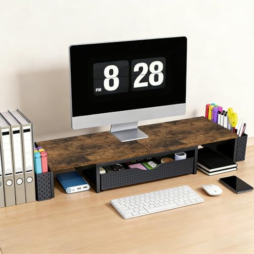 Spacrea Wood Dual Monitor Stand Riser with Drawer and 2 Pen Holders - Image 3